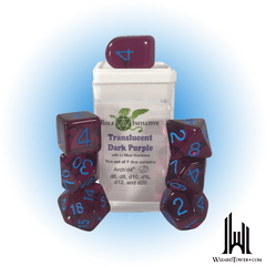 SET OF 7 DICE: TRANSLUCENT DARK PURPLE/LIGHT BLUE